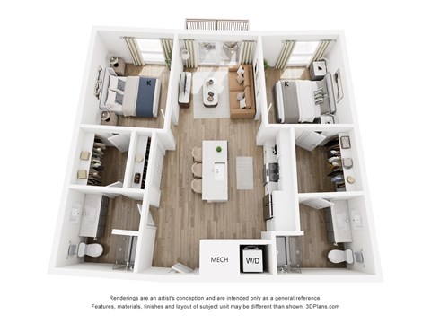 A 3D floor plan of a house with labeled rooms.